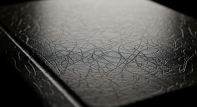 Detailed texture of a dark gray surface with fine scratches and water droplets, abstract macro background