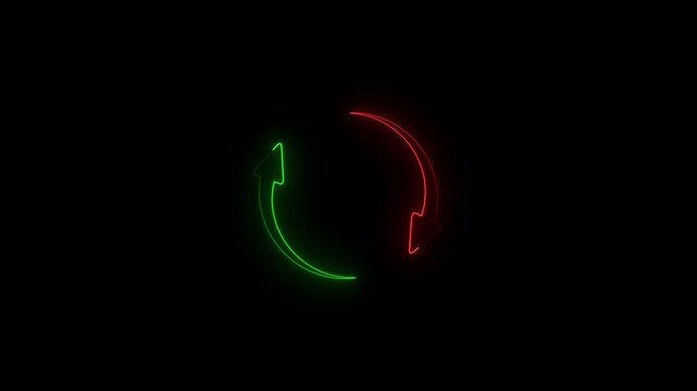 Red and green neon glowing circular arrows animation representing sync, refresh, or exchange process on a black background, digital update and recycling symbol.