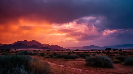 Obraz premium Dramatic sunrise over wild grassland with stormy clouds and mountain silhouette in golden hour lighting