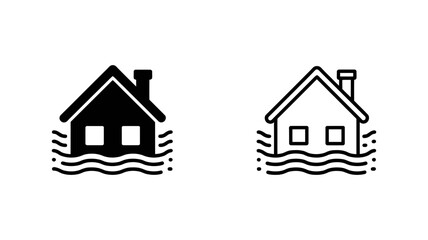 Fototapeta premium Two distinct graphic icons displaying a home structure experiencing significant flooding damage due to rising water levels.