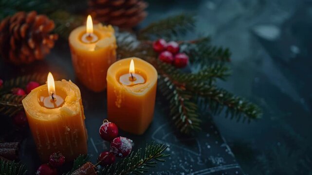 Cozy atmosphere created by four lit candles and pinecone accents