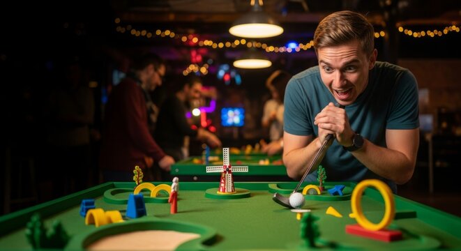 Excited Man Playing Mini Golf Game Indoors