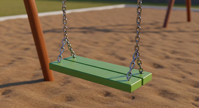 Empty green playground swing hanging from metal chains on a sandy ground, outdoor recreation, childhood memories