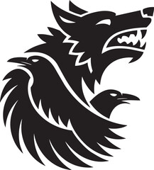 Obraz premium Aggressive stylized wolf head with bared teeth and two ravens in a minimalist vector