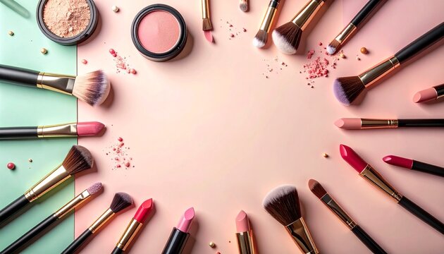 Flat lay makeup arrangement framing empty center, pastel background, brushes lipsticks powders, soft lighting, beauty concept, clean aesthetic composition