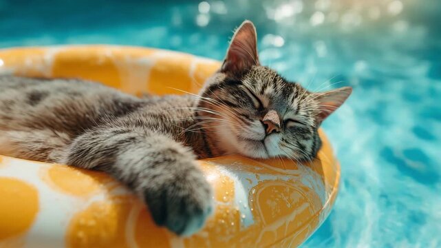 cat is relaxing in a pool ring,summer