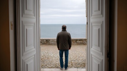 Obraz premium A man stands framed by open doors gazing out onto the expansive serene seascape under a cloudy sky