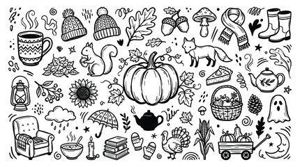 Autumn harvest doodle illustrations depict a cozy seasonal scene with various objects © Hutagalung