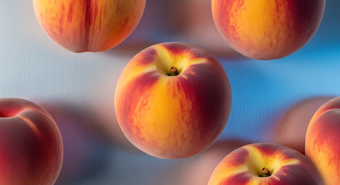 Fresh ripe peaches with vibrant orange and red hues arranged in a repeating pattern on a textured light blue background, depicting summer harvest and healthy eating