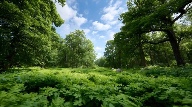 A vibrant deep forest scene filled with lush green undergrowth beneath a towering canopy reaching towards a bright blue sky