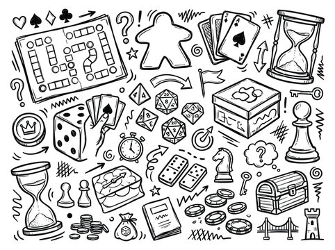 Illustration of various doodle game objects and symbols in a creative layout
