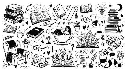 A cozy library scene with books, chair, table, lamp, plants, and study materials indoors © Hutagalung