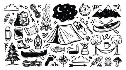 Camping doodle illustration depicts outdoor adventure with tent, mountains, trees, and various equipment. © Hutagalung