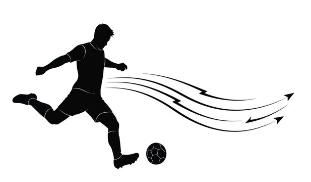 A dynamic image depicts a soccer player mid kick with motion lines and a soccer ball emphasizing speed and action silhouette high quality professional