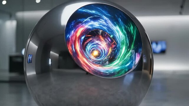 A smooth geometric sphere pierced by a vivid colorful opening, minimal futuristic composition, glossy surface, innovation-focused mood with clean studio lighting, ultra-realistic, no logos.