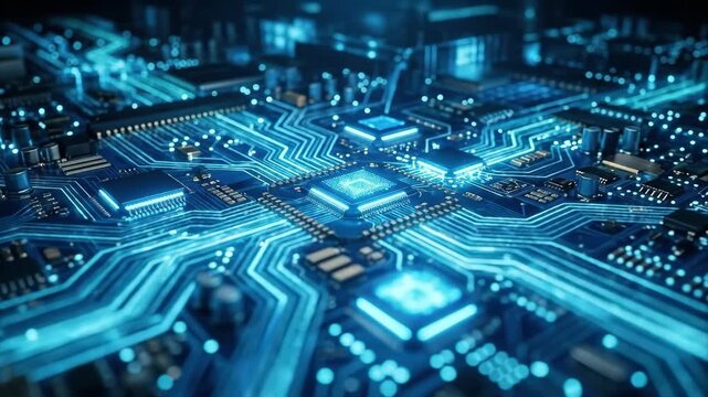 A futuristic blue circuit board with glowing connection nodes and flowing data lines, layered digital depth and cool luminous atmosphere, ultra-realistic, no logos.