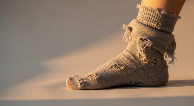 Torn Socks on Foot with Golden Hour Backlight