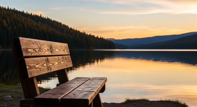Wooden Bench by Lake at Golden Hour Sunset Landscape
