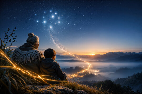 Matariki Maori New Year star cluster over Aotearoa dawn with elder and child on hilltop reflecting on remembrance and renewal, intergenerational heritage path of starlight