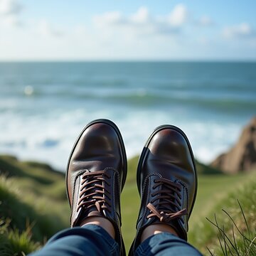 feet in boots relaxing over blurred ocean horizon for travel blogs, vacation sites, wanderlust lifestyle magazines, tourism ads, social media and outdoor adventure stories.