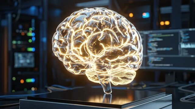 A transparent glass artificial-intelligence brain icon with neural detailing, luminous crystal finish and a polished machine-learning atmosphere, ultra-realistic, no logos.