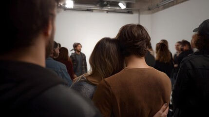 Obraz premium A group of diverse individuals engaged in focused discussion within a bright contemporary studio setting