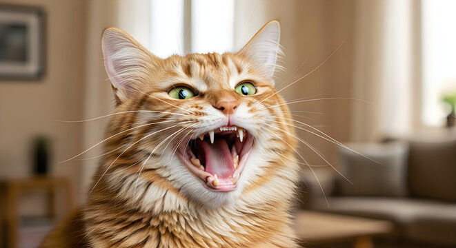 Fierce orange tabby cat yawning or growling with visible teeth and intense gaze