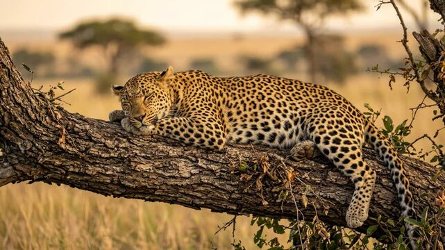 Majestic Leopard Rests on Tree Branch in African Savannah.