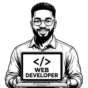 Happy web developer showing laptop with coding brackets and job title, sketch engraving raster illustration with scratchboard effect.