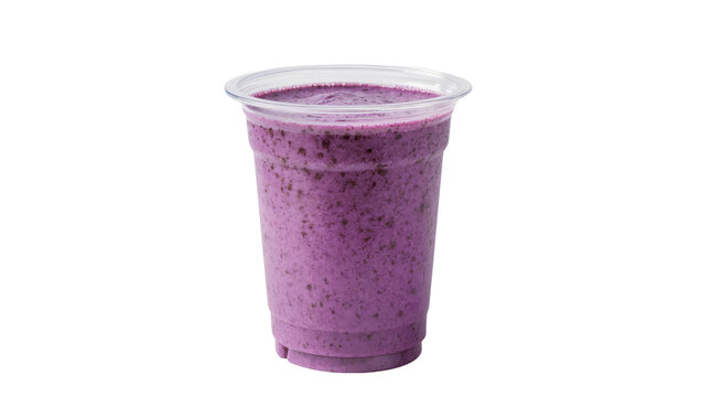 Purple berry smoothie in a clear plastic cup with lid, isolated on transparent background