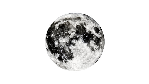 Detailed full moon with craters and maria, isolated on transparent background