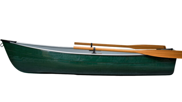 Green rowboat with wooden oars secured inside, isolated on transparent background