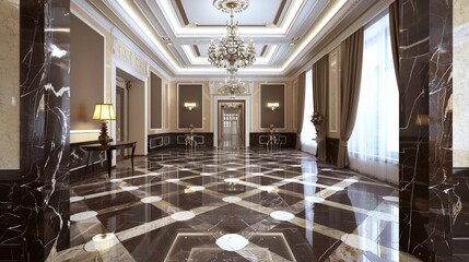 Fototapeta premium Luxurious interior view of a grand hallway with marble floors, chandeliers, and ornate details