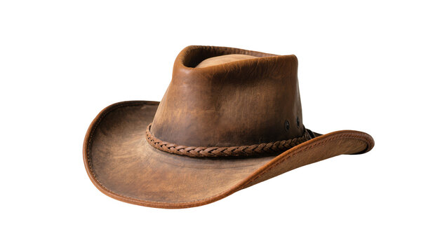 Distressed brown leather cowboy hat with braided band, isolated on transparent background