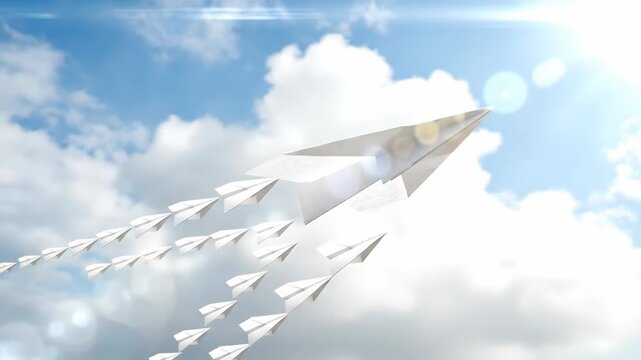 A leading paper airplane guiding a formation of smaller planes in an arrow shape, open sky and copy space, symbolizing leadership, momentum and strategy, ultra-realistic, no logos.