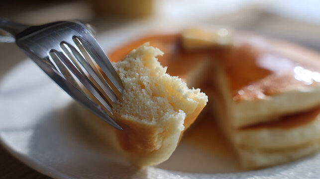 Close-up of a fluffy golden pancake piece on fork, a stack of pancakes with syrup and butter in background, delicious breakfast meal