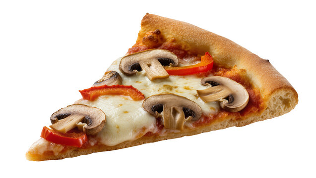 Delicious mushroom and pepper pizza slice with melted cheese, isolated on transparent background