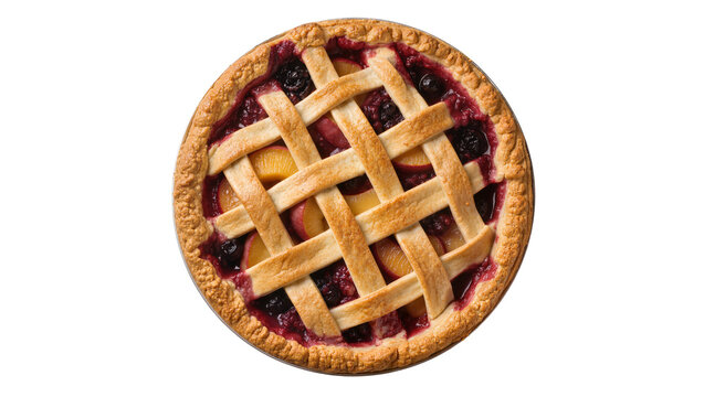 Golden lattice fruit pie with blueberries and peaches, isolated on transparent background