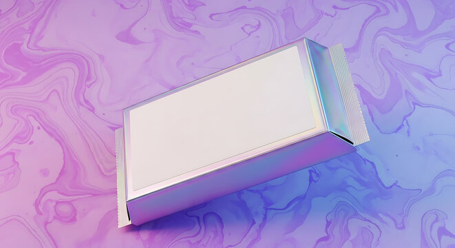 Holographic candy bar wrapper mockup on a pastel marble background, empty space for branding, sweet treat packaging concept
