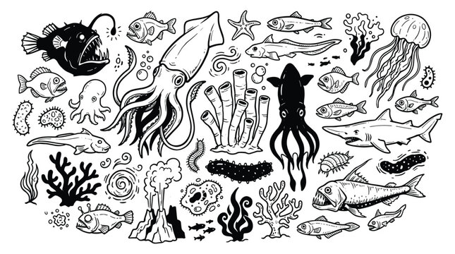 Underwater scene with various sea creatures and plants on display in a doodle style.