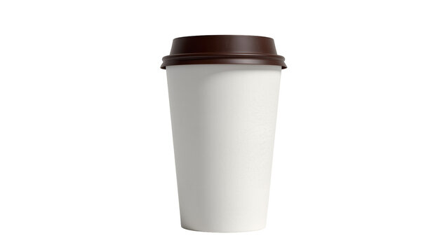 Plain white paper coffee cup with dark brown lid, isolated on transparent background
