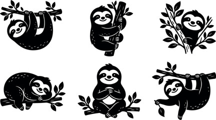 Fototapeta premium Black and white sloths hanging sitting and climbing branches set