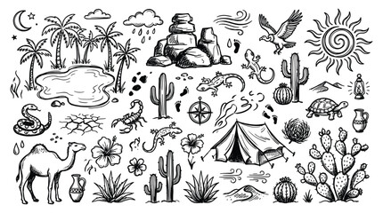 Desert landscape with various desert animals and plants doodle design 202604021811 © Hutagalung