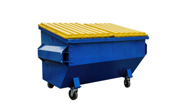 Blue metal dumpster with yellow lid and wheels, isolated on transparent background