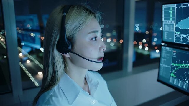 Woman works at control center with multiple screens at night in city