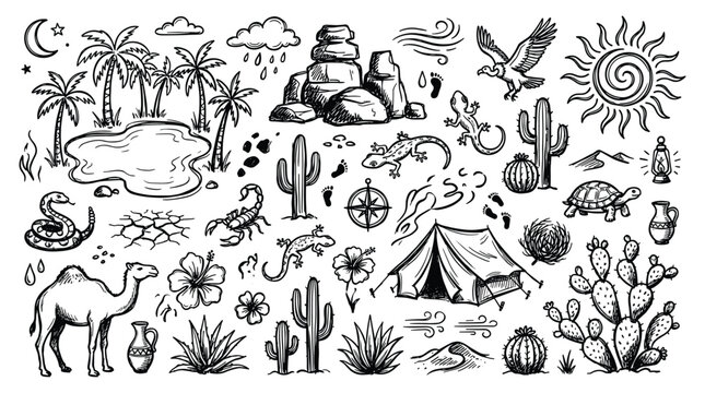 Desert landscape with various desert animals and plants doodle design 202604021811