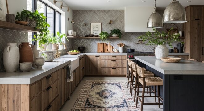 Modern kitchen interior design with natural wood cabinetry and plants