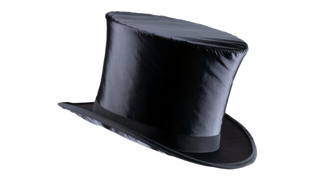 Black satin top hat with ribbon band, isolated on transparent background