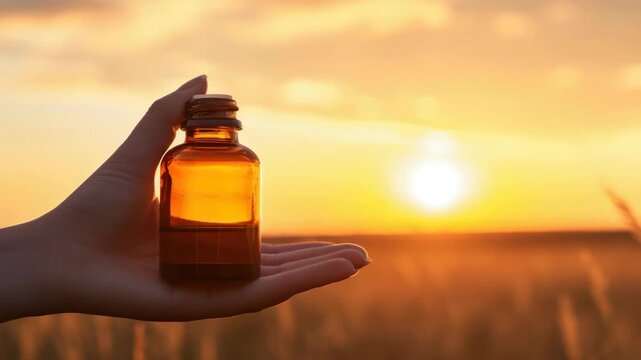 Person's hand cradling glass bottle with liquid against orange sky at sunset with open landscape and silhouettes