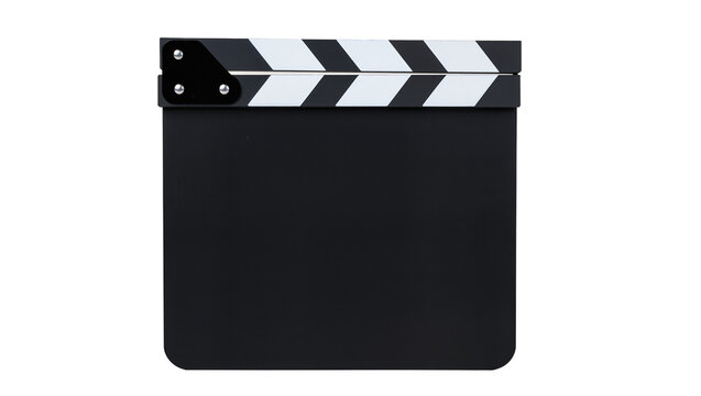 Black movie clapperboard with white diagonal stripes, isolated on transparent background